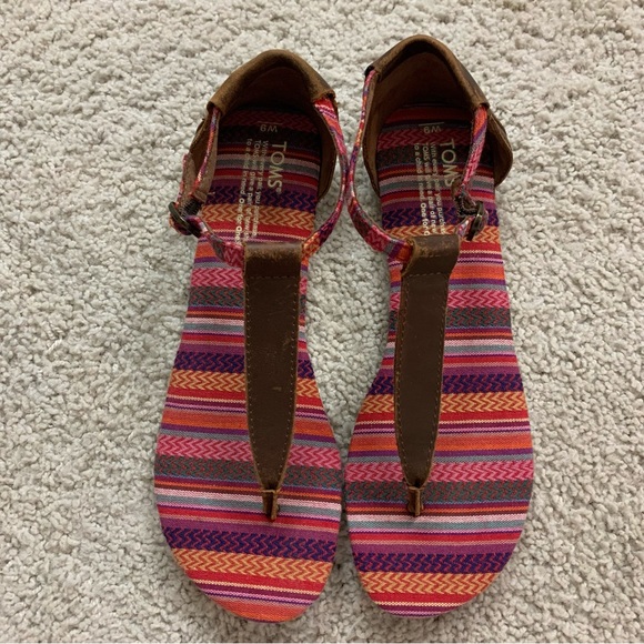 TOMS Colorful PLAYA Tribal STRIPED Brown LEATHER Bohemian T-STRAP SANDALS 9 - Picture 5 of 8